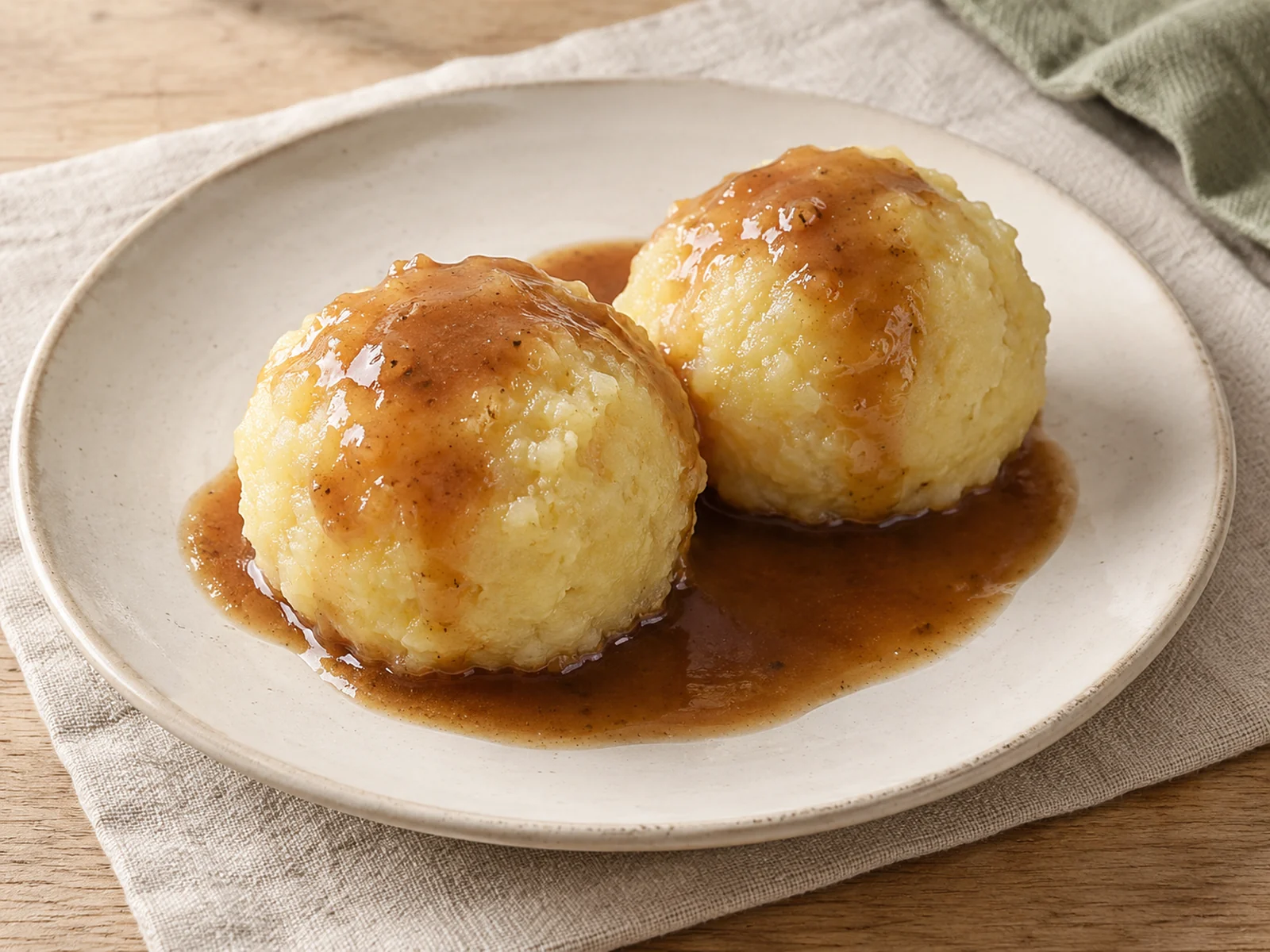 Illustration: Kartoffelknödel Thüringer Art mit Soße angerichtet