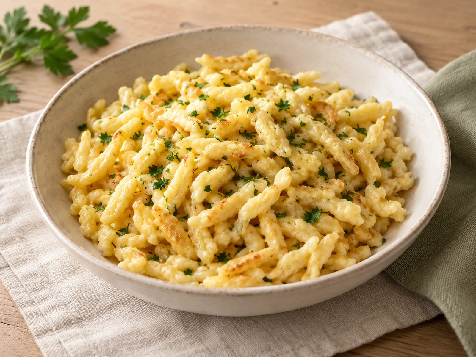 Illustration: Handgeschabte Spätzle mit Soße angerichtet