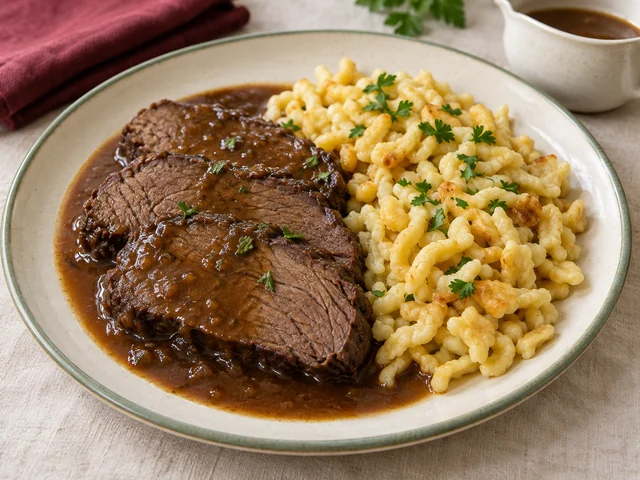 Illustration: Schwäbischer Sauerbraten mit Spätzle angerichtet